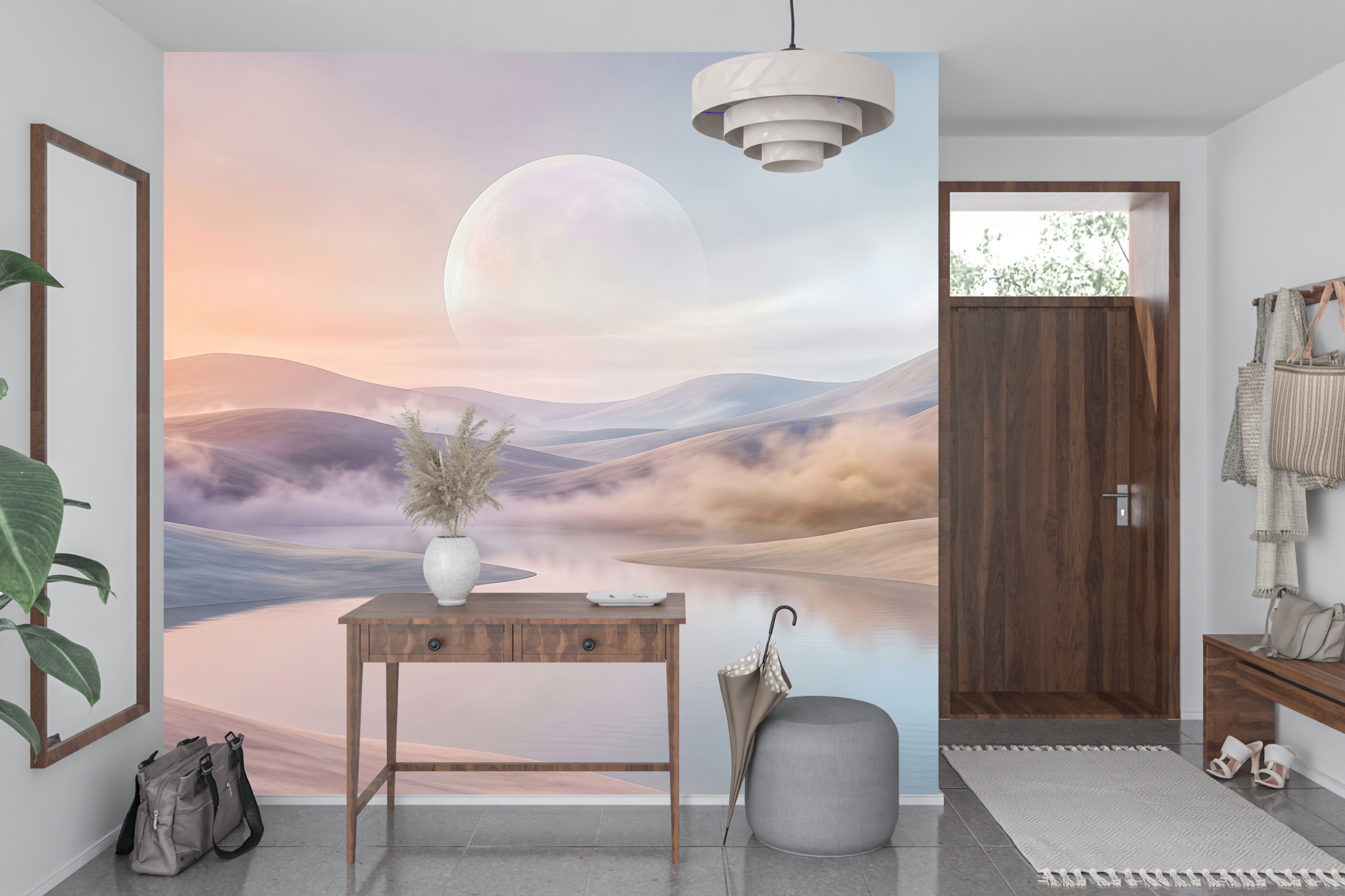 Otherworldly misty dune and giant moon wall mural transforming a modern living room