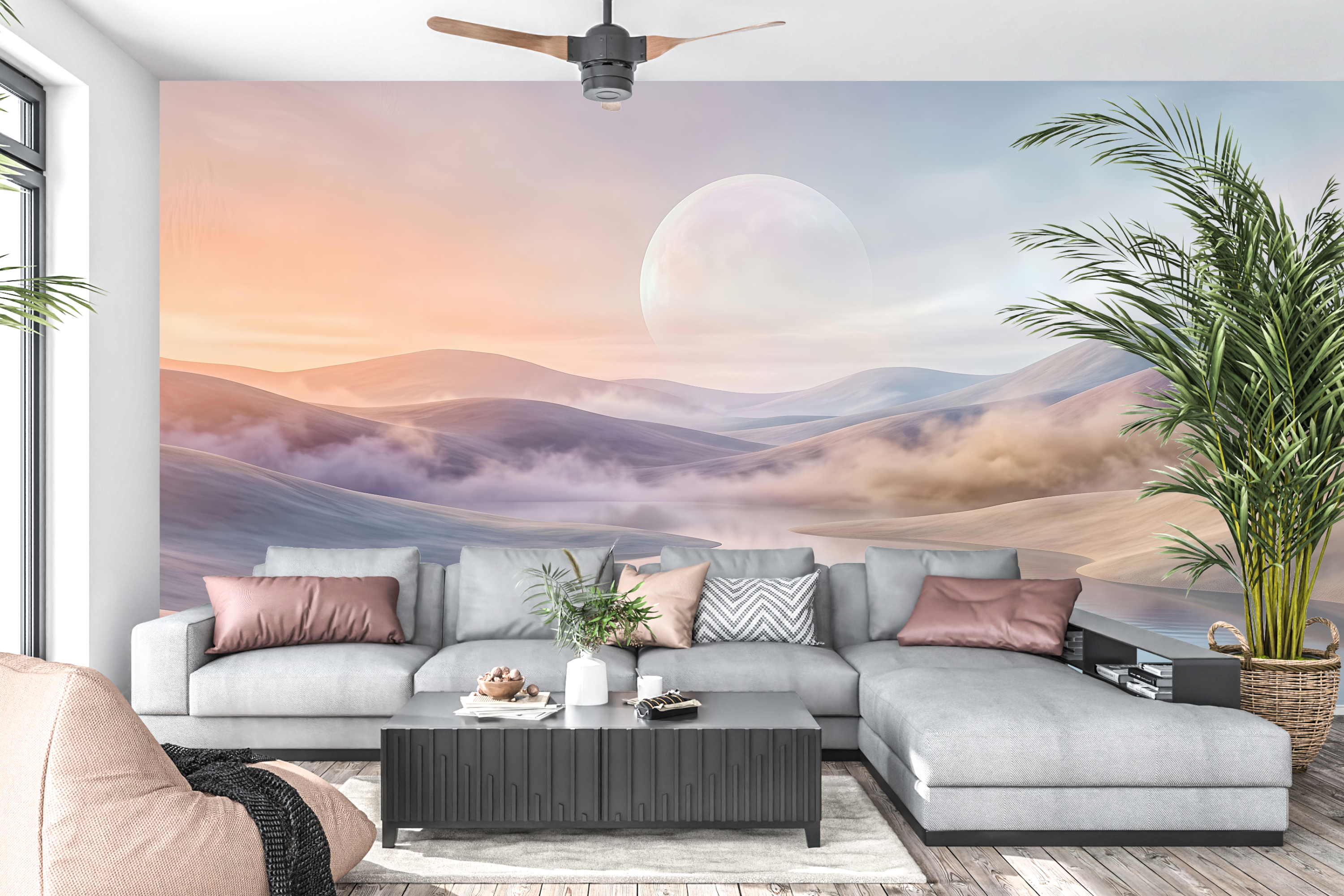 Misty pastel hills and calm water peel and stick wallpaper in a zen yoga space
