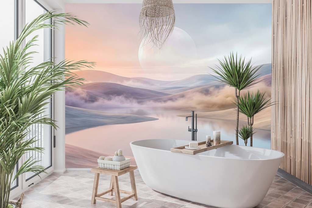 Waterproof vinyl surreal pastel water landscape wallpaper applied in a modern spa bathroom