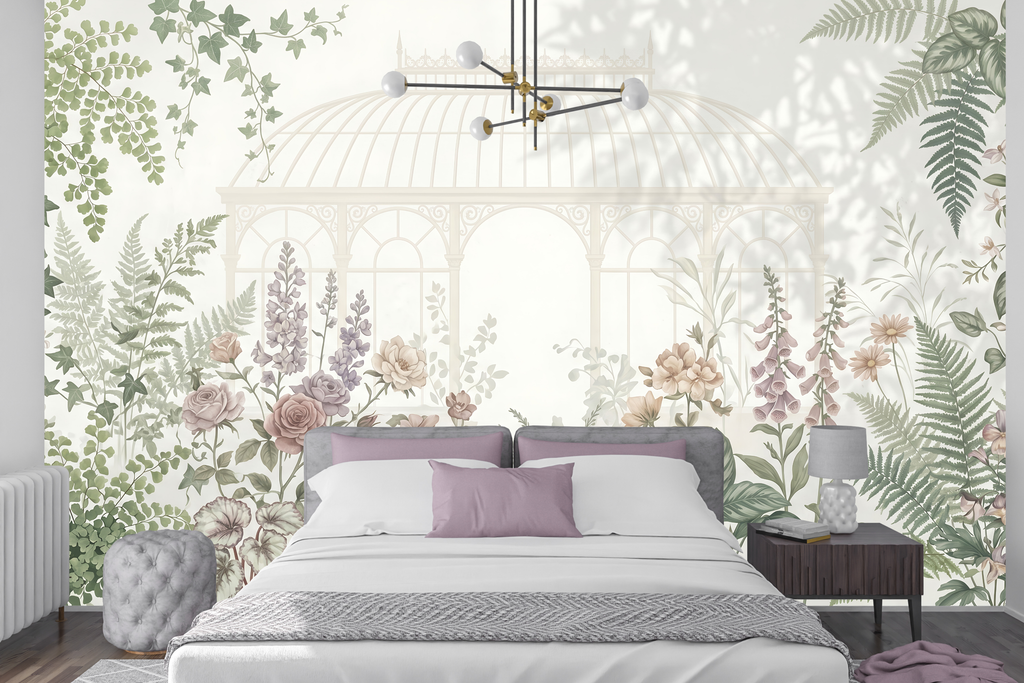 Vintage glasshouse and dusty rose floral peel and stick wallpaper behind a romantic bed
