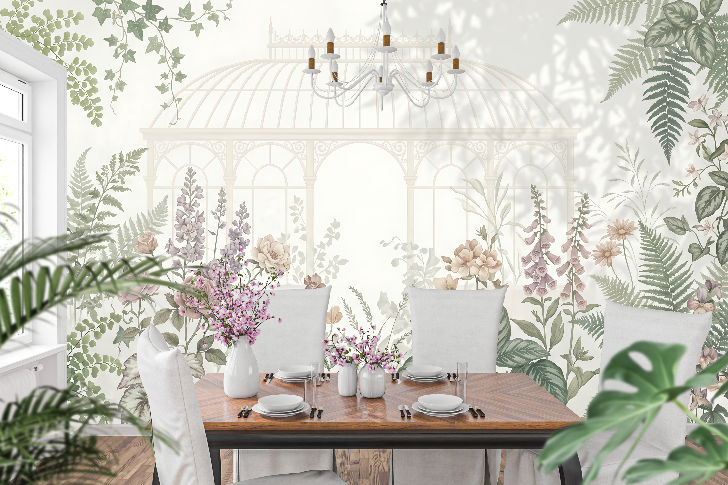 Ethereal Victorian conservatory botanical mural in an elegant dining room