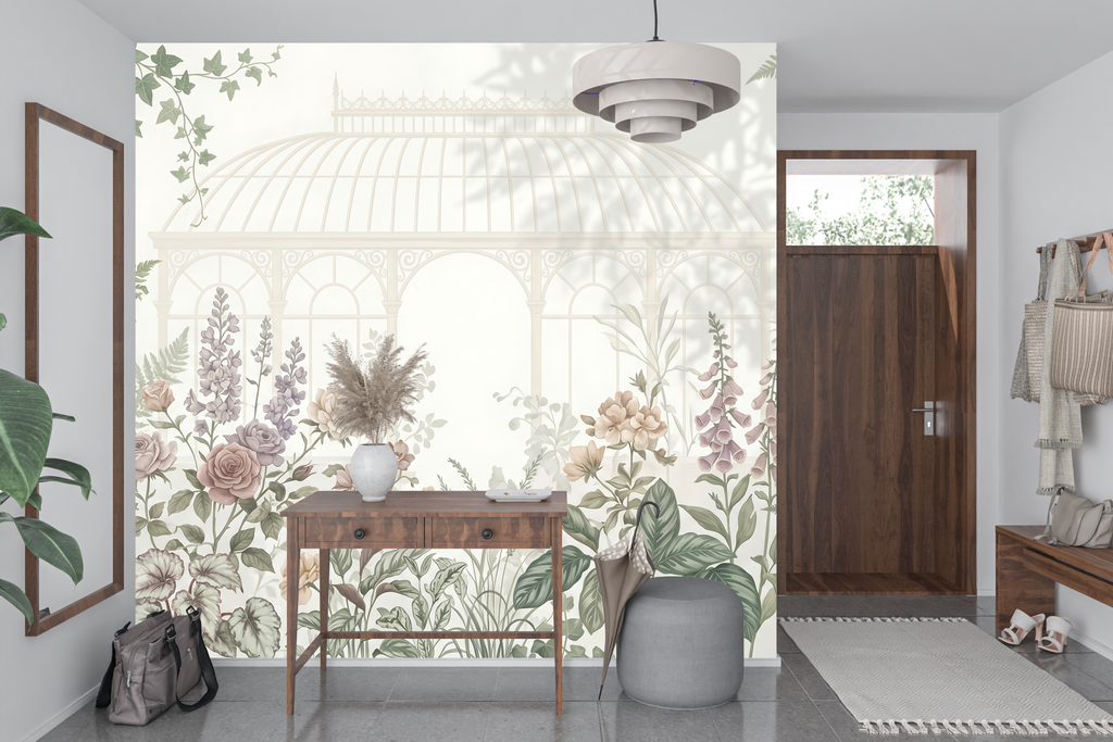 Dreamy indoor garden scene wall mural transforming a storybook nursery or welcoming entryway