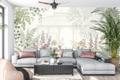Misty architectural greenhouse wall mural creating a tranquil indoor garden atmosphere
