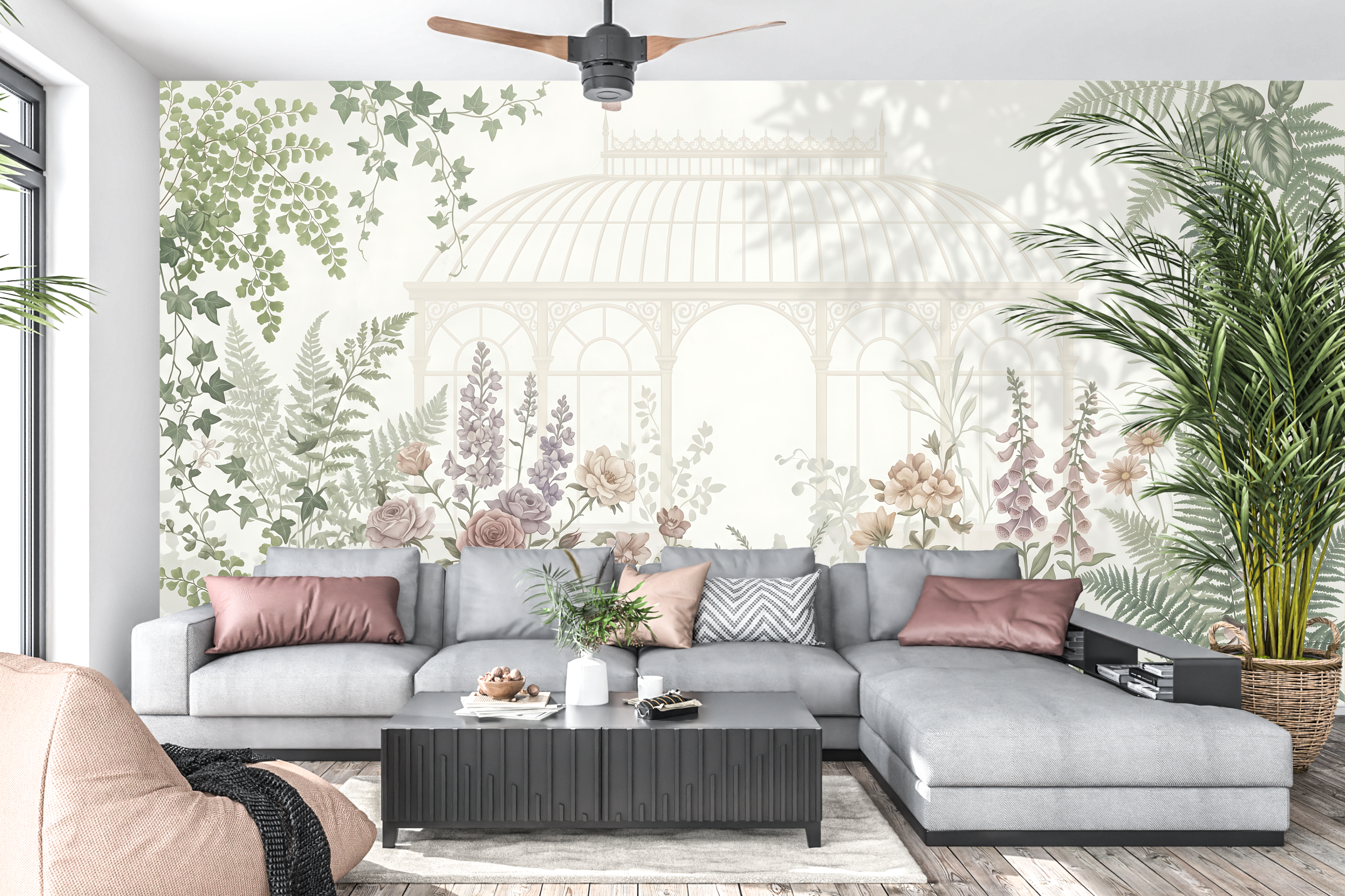 Misty architectural greenhouse wall mural creating a tranquil indoor garden atmosphere