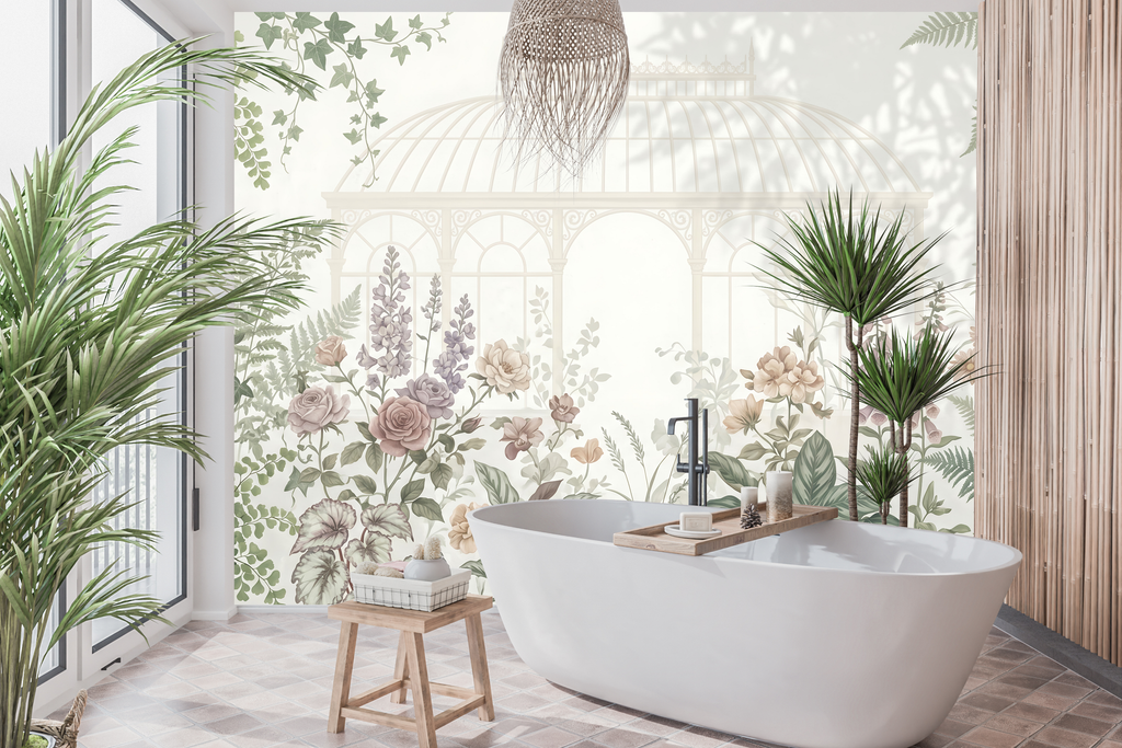 Waterproof vinyl soft botanical fern and ivy wallpaper applied in a vintage bathroom