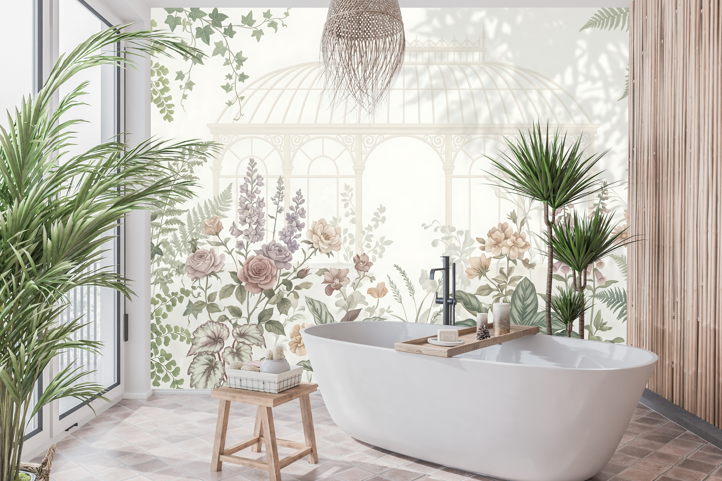 Waterproof vinyl soft botanical fern and ivy wallpaper applied in a vintage bathroom