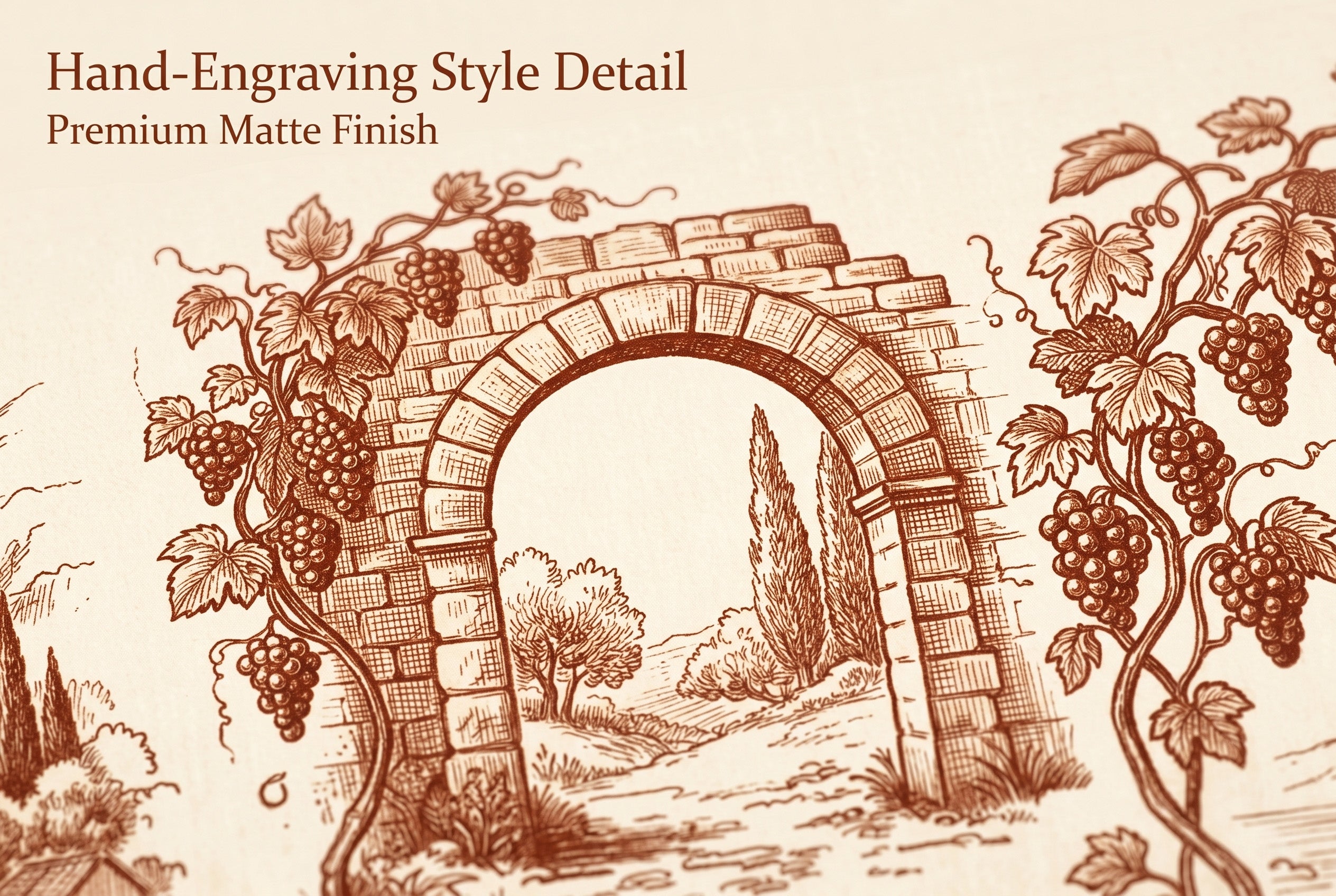 Extreme close up of Toile de Jouy wallpaper showing terracotta engraving detail of Tuscan village scene on cream