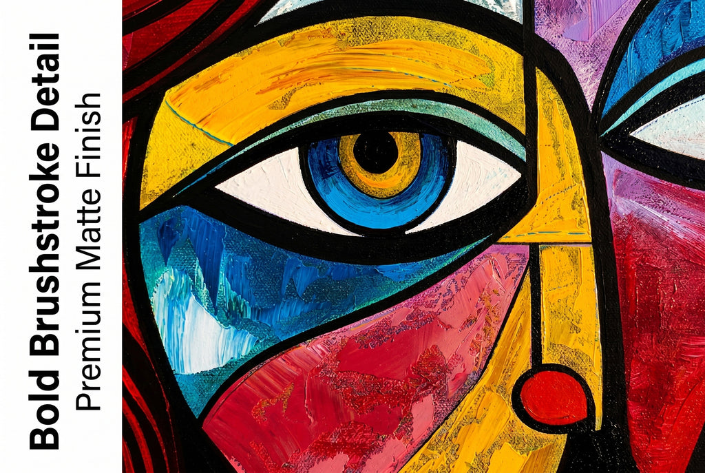 Extreme close up of colorful abstract cubist face wallpaper showing bold brushstroke detail in blue red and yellow
