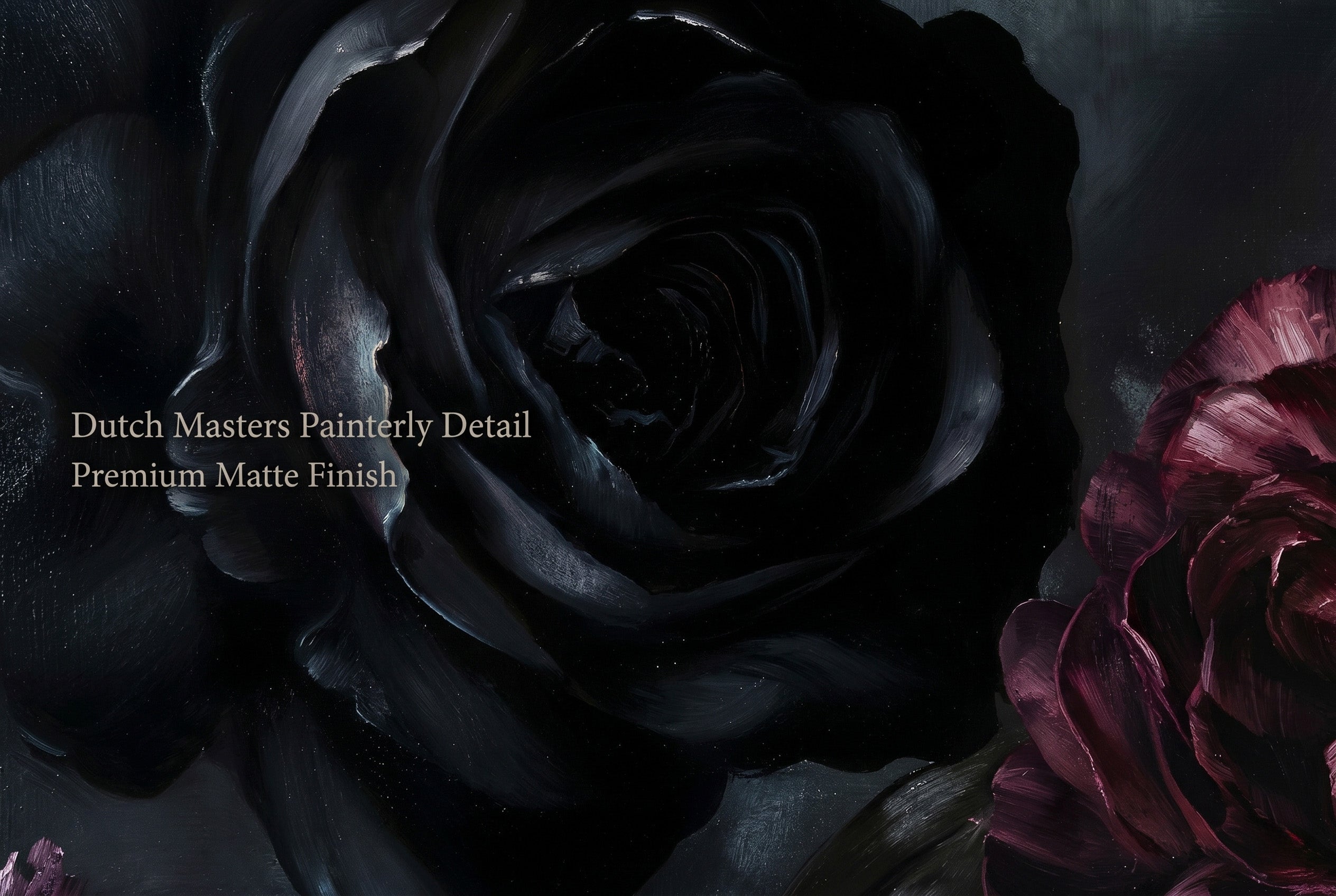 Extreme close up of dark floral gothic wallpaper showing black rose detail with deep burgundy peony and dark brushstrokes