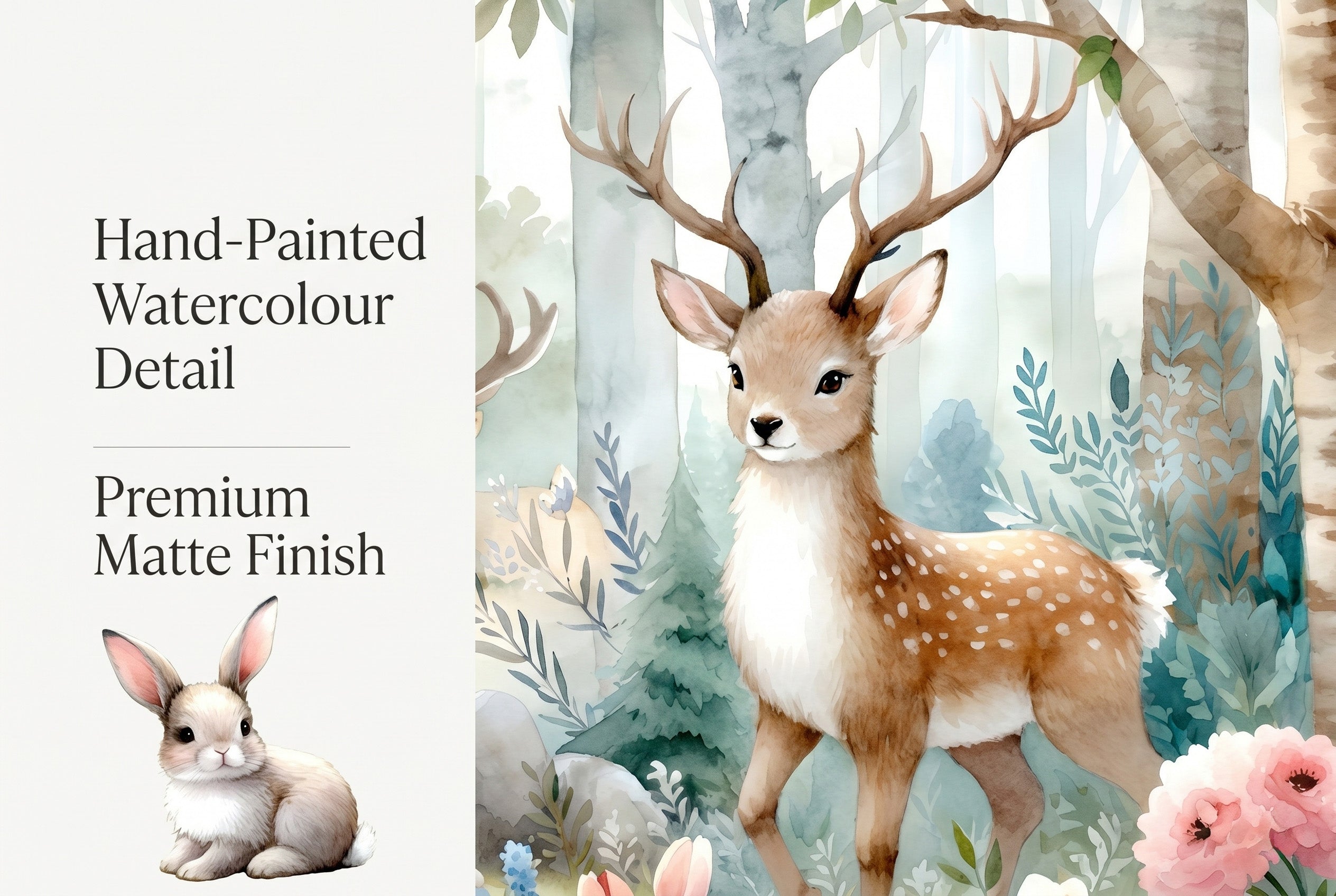 Extreme close up of woodland nursery wallpaper showing spotted deer detail with soft watercolour birch trees and wildflowers