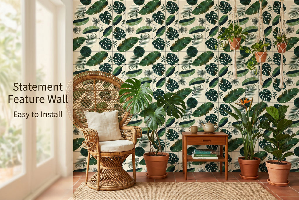 Fresh green tropical leaf waterproof vinyl wallpaper in a modern bathroom