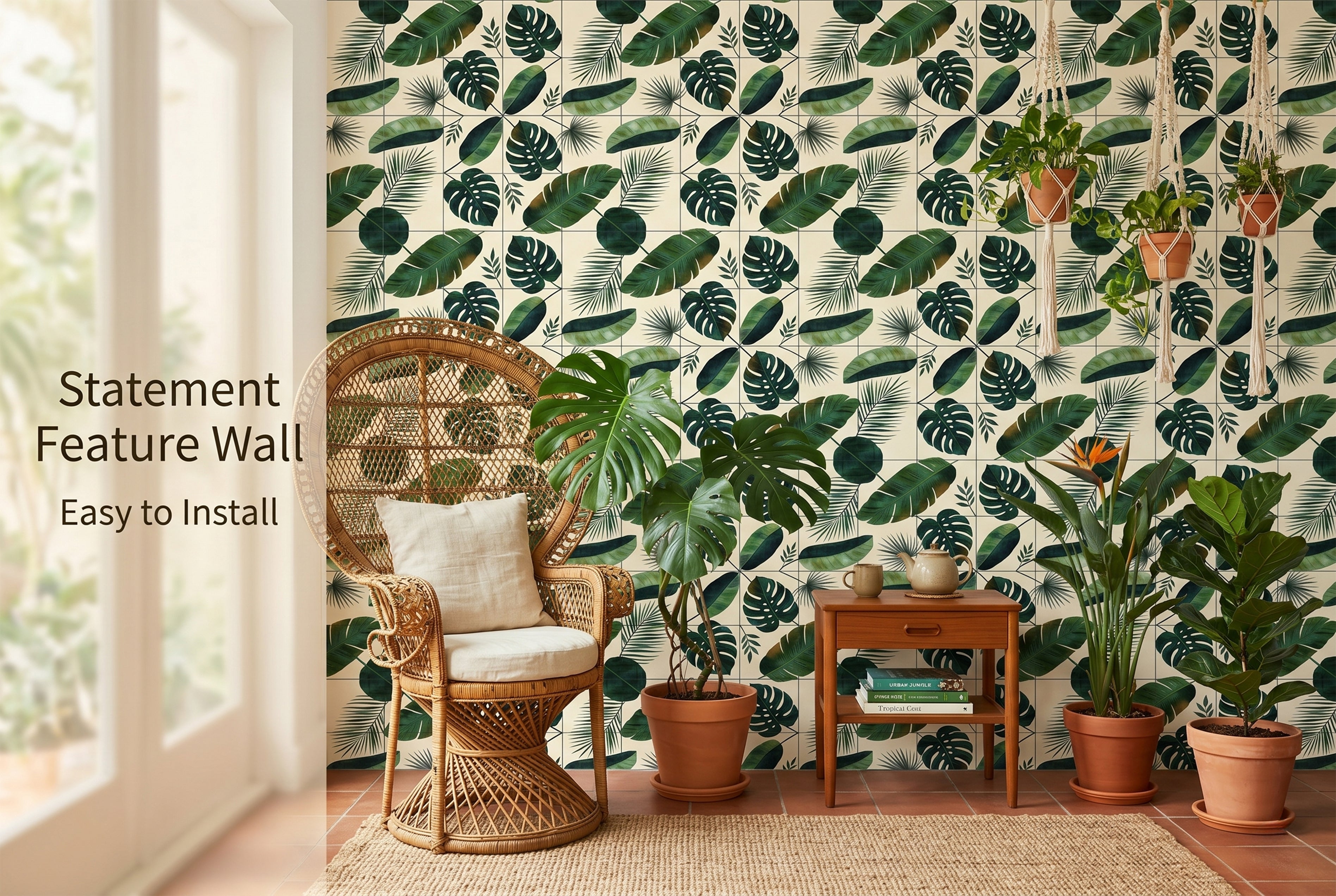 Fresh green tropical leaf waterproof vinyl wallpaper in a modern bathroom