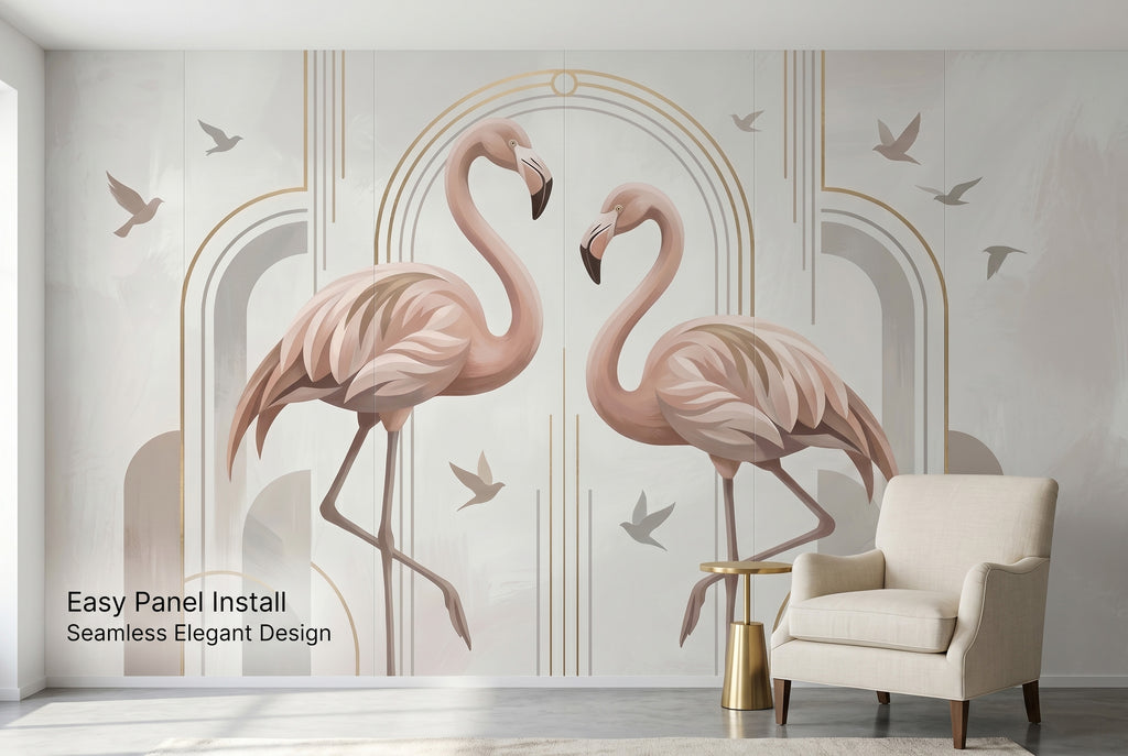Full wall Art Deco flamingo mural showing seamless elegant panel installation at wall scale