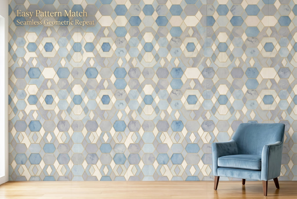 Full wall Art Deco geometric wallpaper showing seamless hexagon gold pattern installation at wall scale