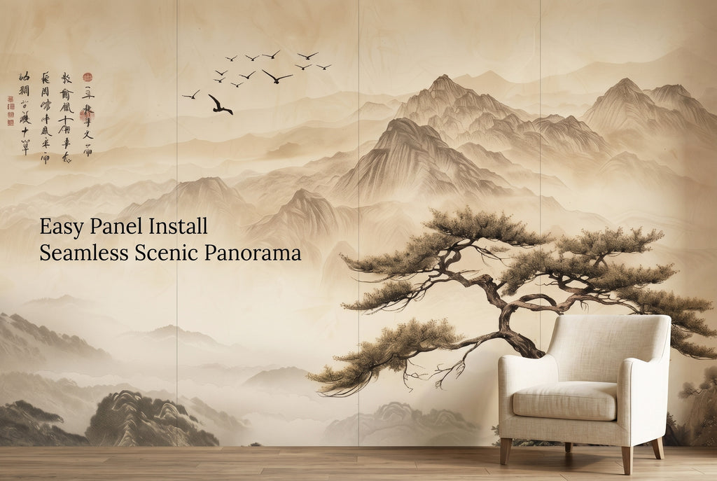 Full wall Japanese zen mountain mural showing seamless ink painting panel installation at wall scale