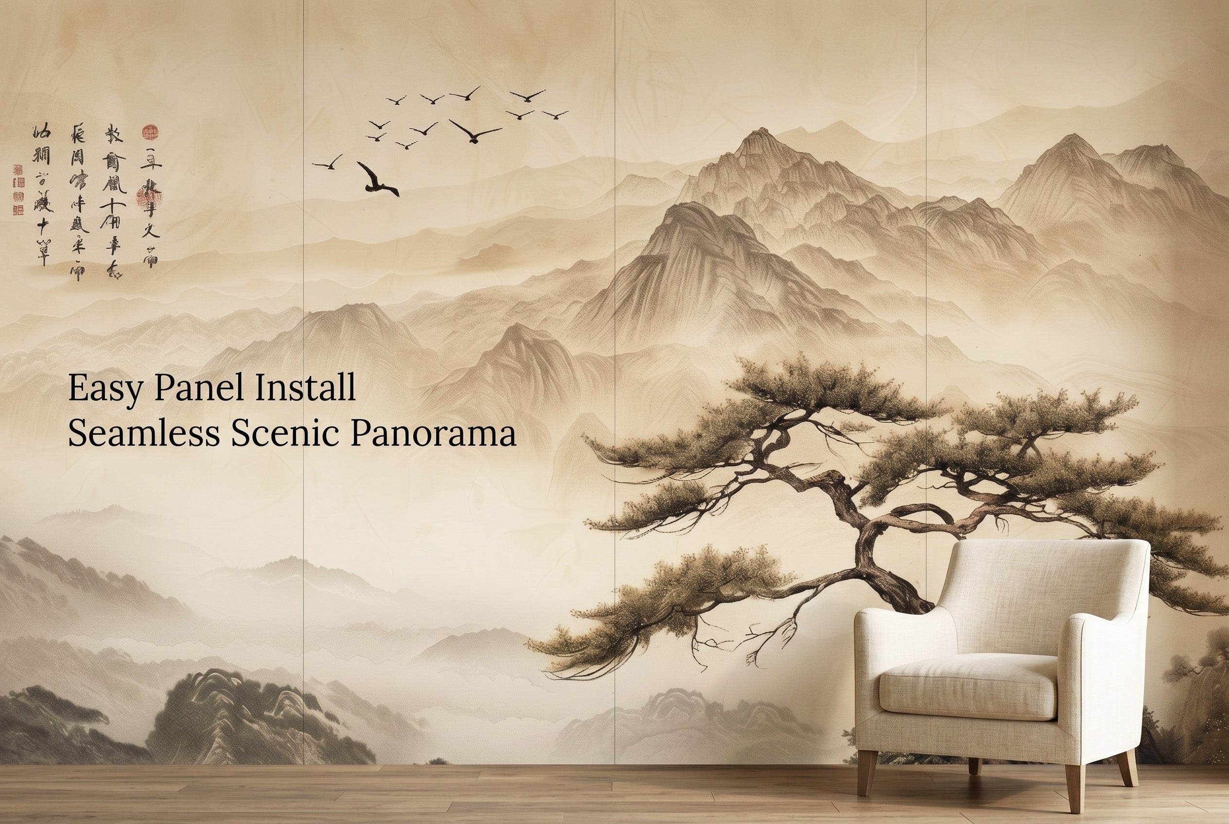 Full wall Japanese zen mountain mural showing seamless ink painting panel installation at wall scale