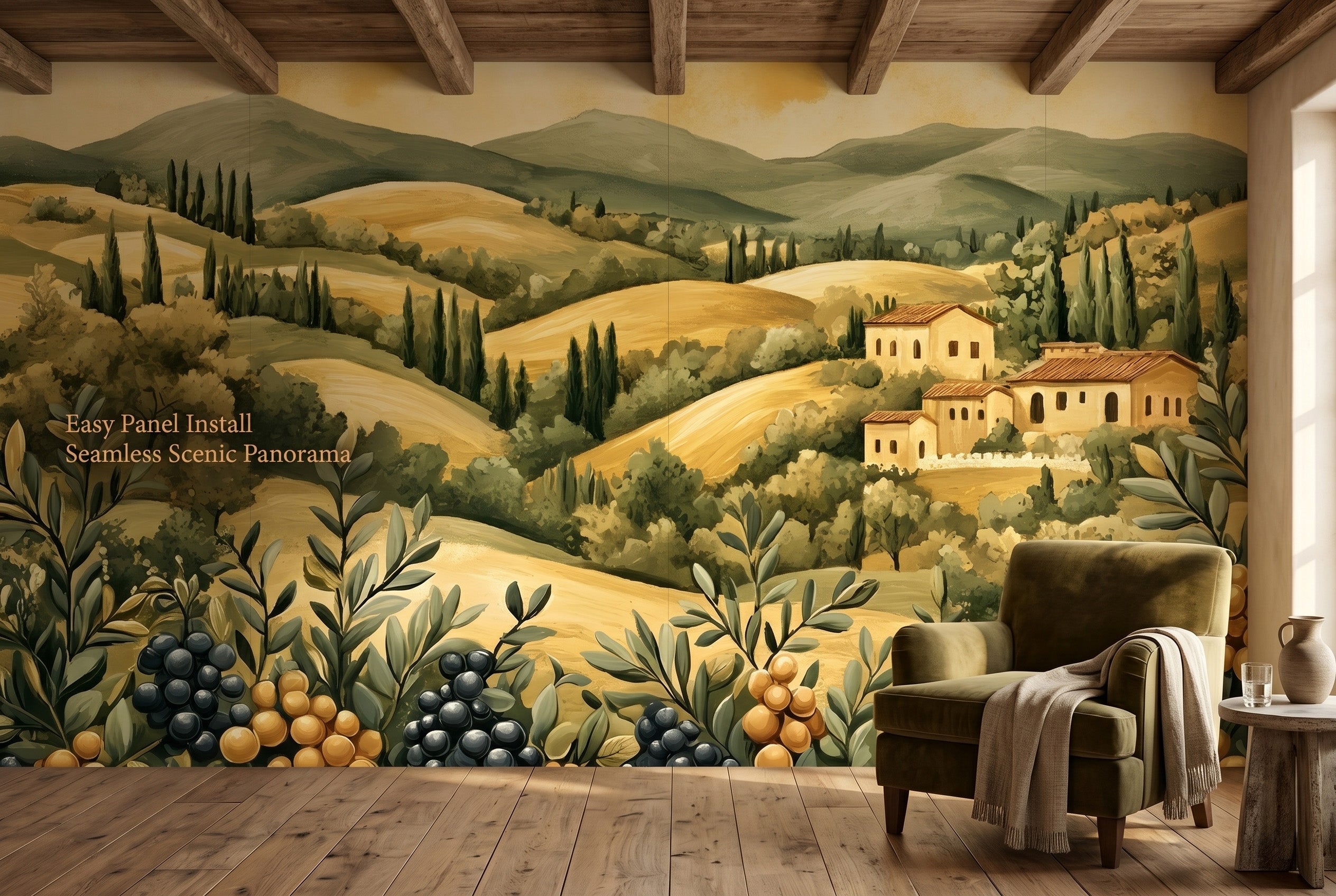 Full wall Tuscan landscape mural showing seamless Italian countryside panel installation at wall scale