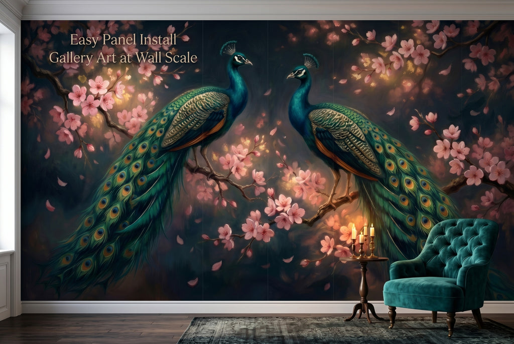 Full wall dark peacock chinoiserie mural showing seamless bird and blossom panel installation at wall scale