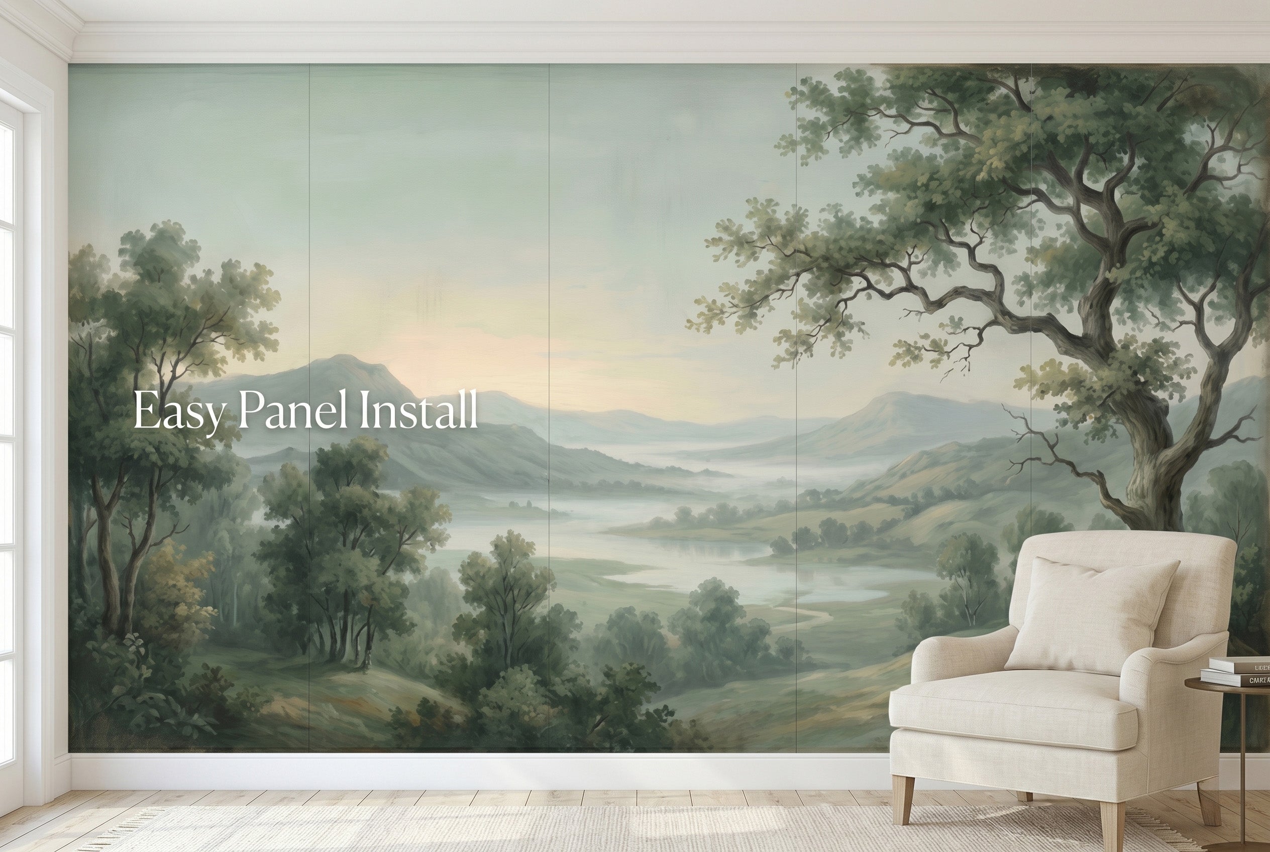 Full wall green landscape nature mural showing seamless scenic panel installation at wall scale
