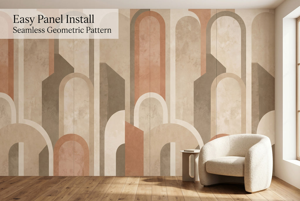 Full wall terracotta arch geometric mural showing seamless panel installation and architectural scale