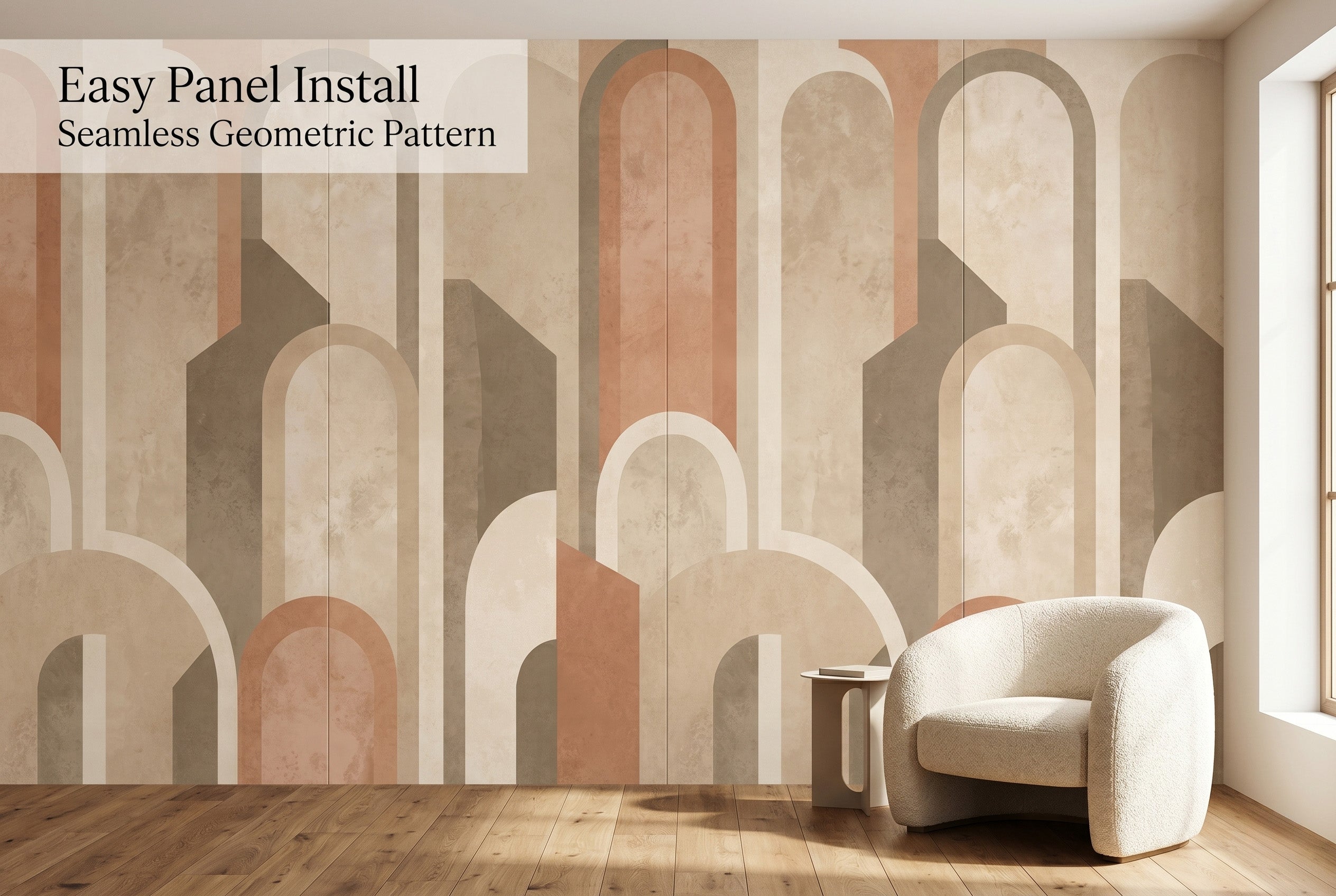 Full wall terracotta arch geometric mural showing seamless panel installation and architectural scale