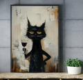 Quirky grunge feline pet portrait displayed proudly above an eclectic home bar