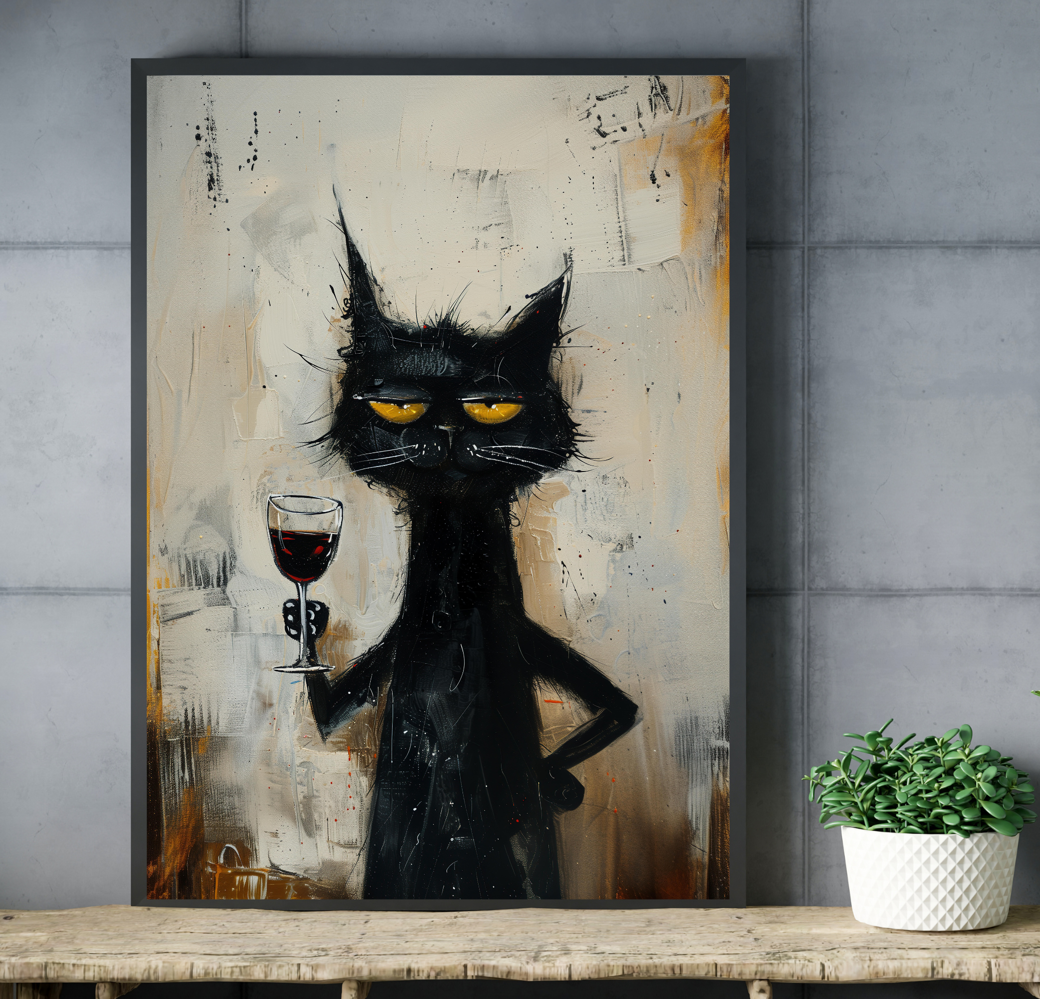 Quirky grunge feline pet portrait displayed proudly above an eclectic home bar