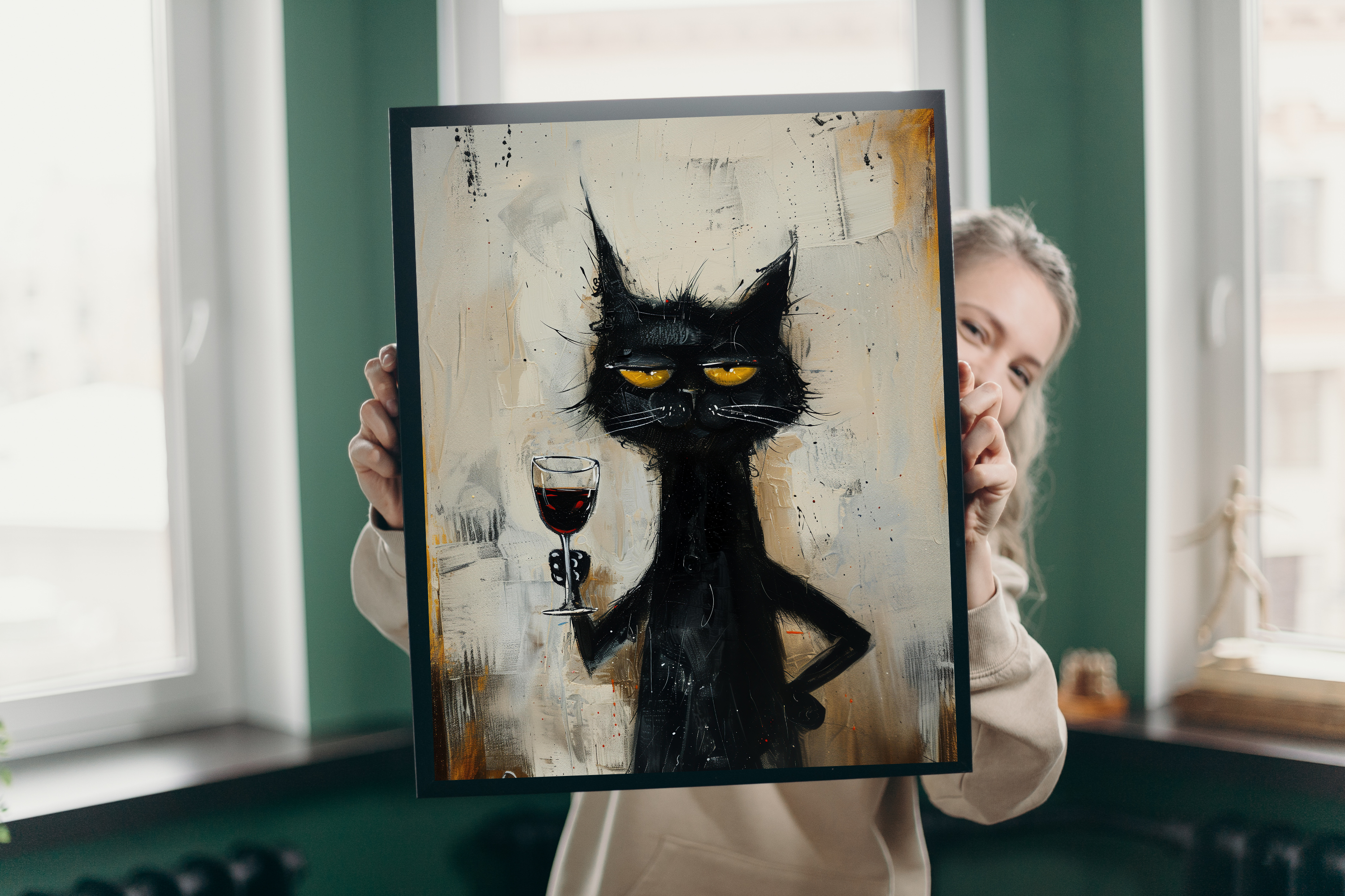 Funny abstract black cat holding red wine canvas print styling a modern kitchen space