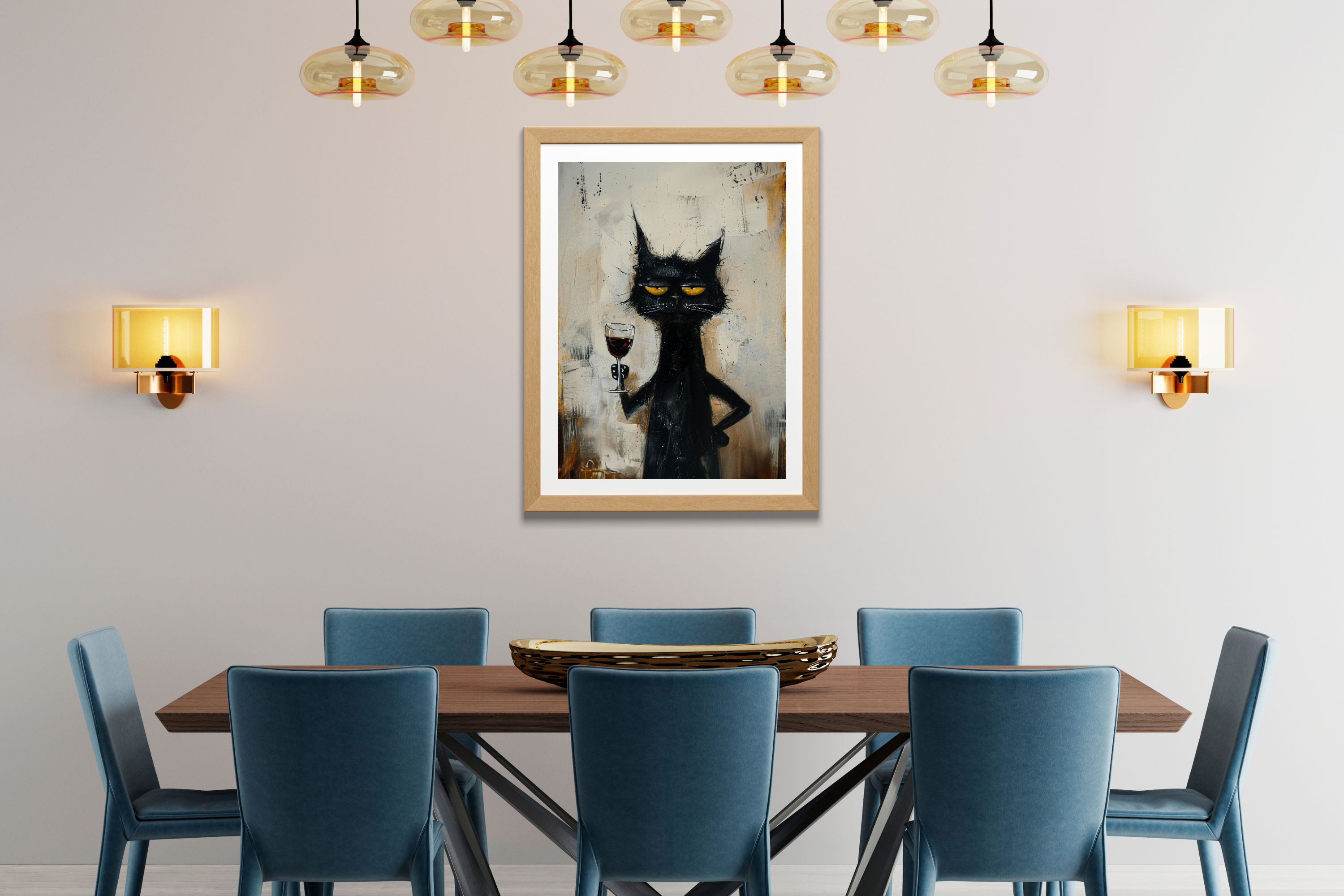 Sarcastic black cat wall decor adding humor to a stylish contemporary dining area