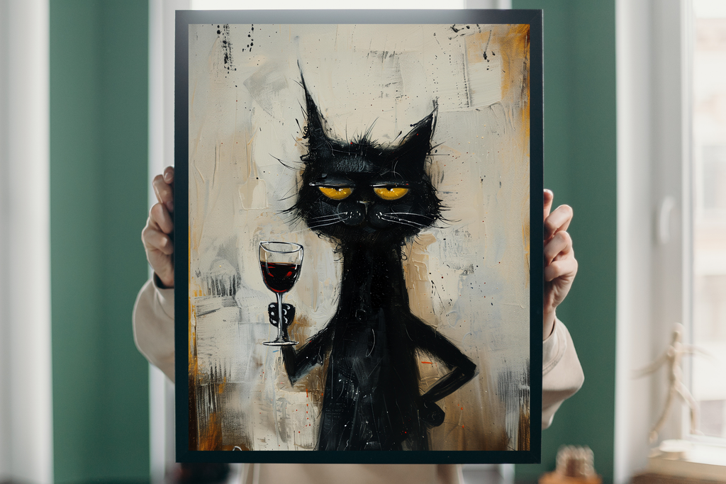 Detail view showing the textured abstract background and unamused yellow eyes of the cat