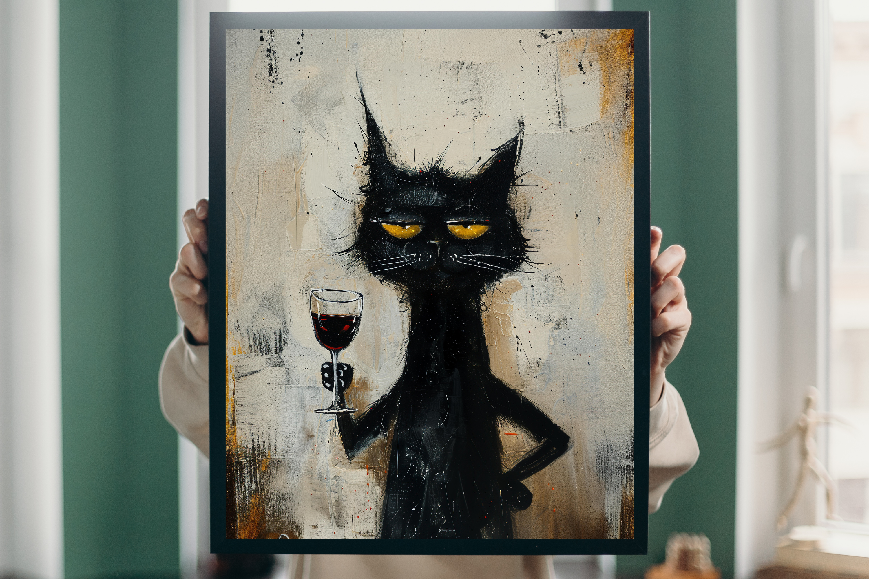 Detail view showing the textured abstract background and unamused yellow eyes of the cat