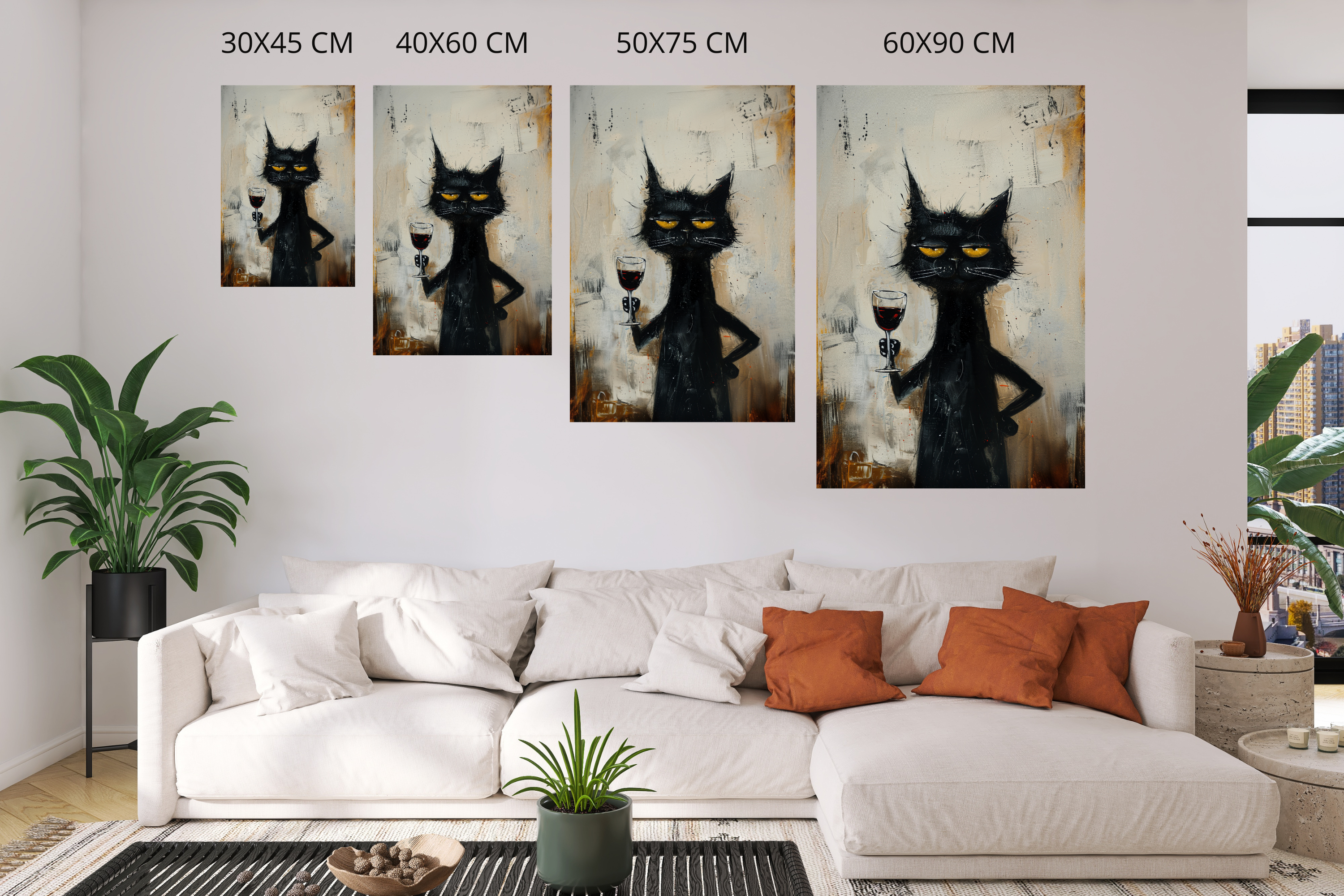 Edgy wine lover cat painting acting as a conversation starter in a cozy eclectic living room