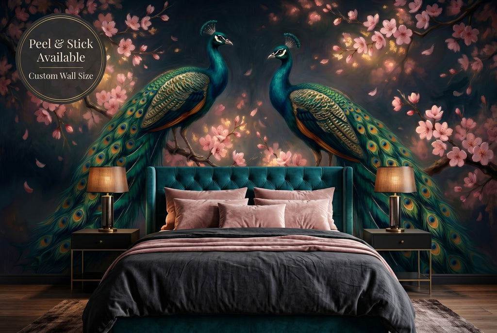 Dark peacock chinoiserie wall mural in a luxurious dramatic master bedroom with deep teal and gold tones