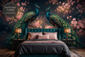 Dark peacock chinoiserie wall mural in a luxurious dramatic master bedroom with deep teal and gold tones