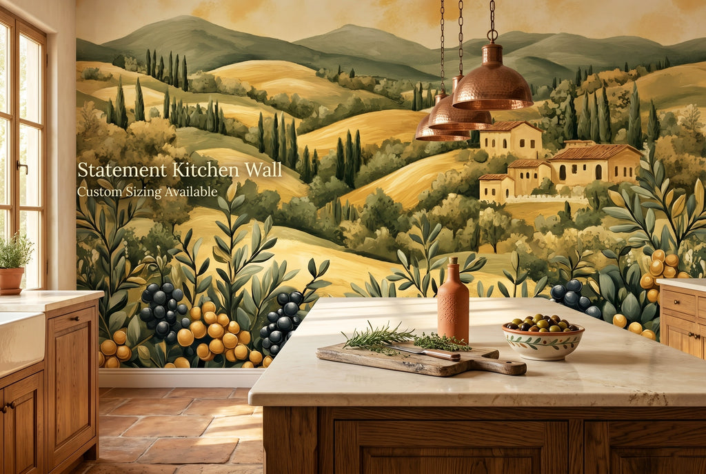 Tuscan olive grove wall mural in a warm Mediterranean kitchen with golden and olive green tones