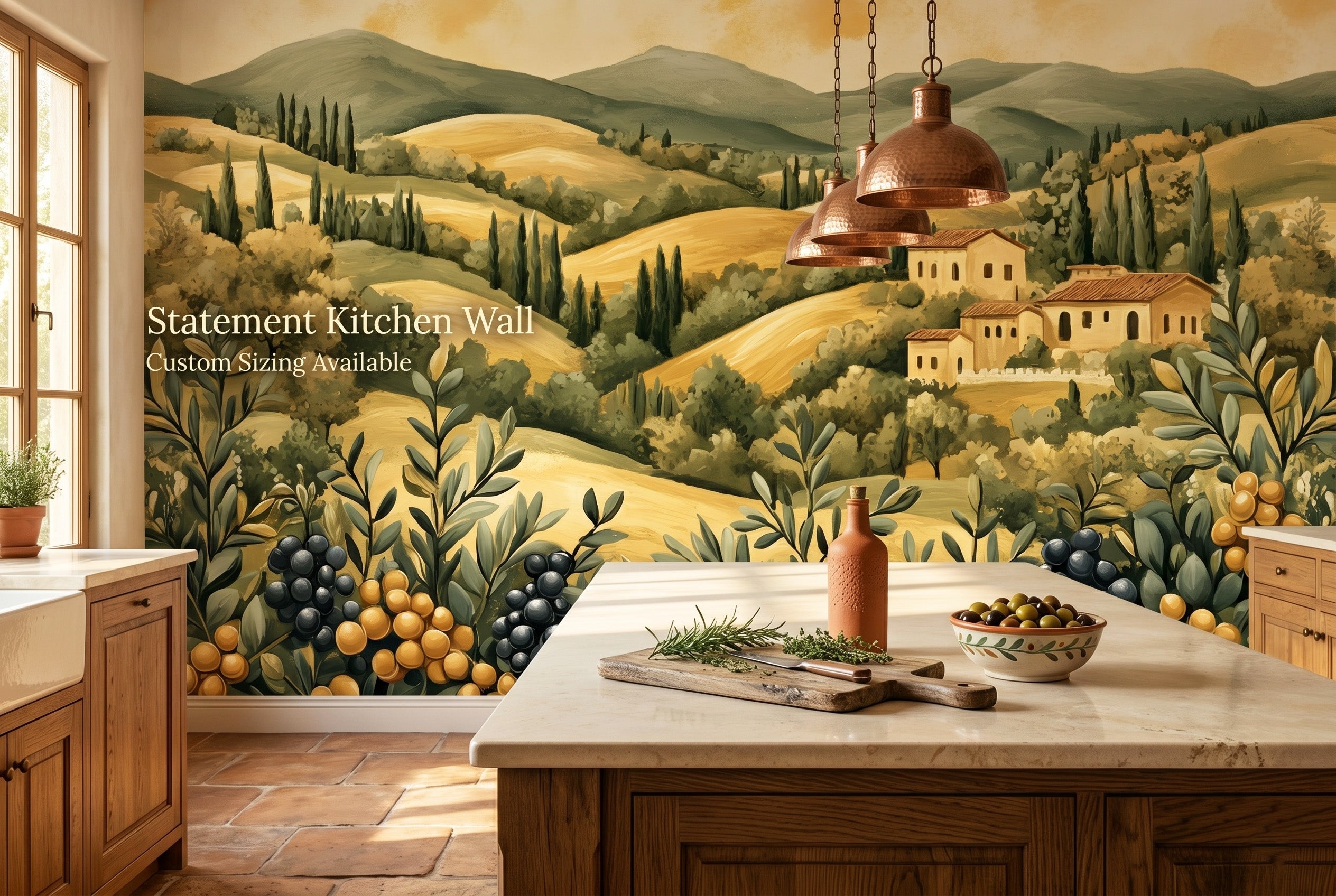 Tuscan olive grove wall mural in a warm Mediterranean kitchen with golden and olive green tones