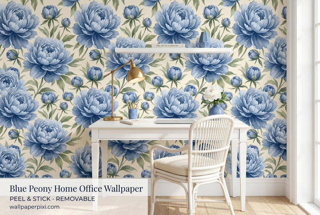 Blue peony floral wallpaper in a bright feminine home office with a white desk brass lamp blue ceramic accessories and cream linen chair