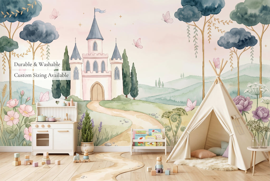 Fairytale Castle Watercolour Wall Mural | Soft Princess Nursery Landscape Design