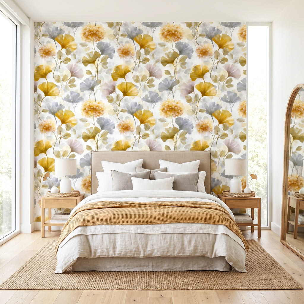 Watercolour Floral Wallpaper Gold Ginkgo Botanical Bedroom