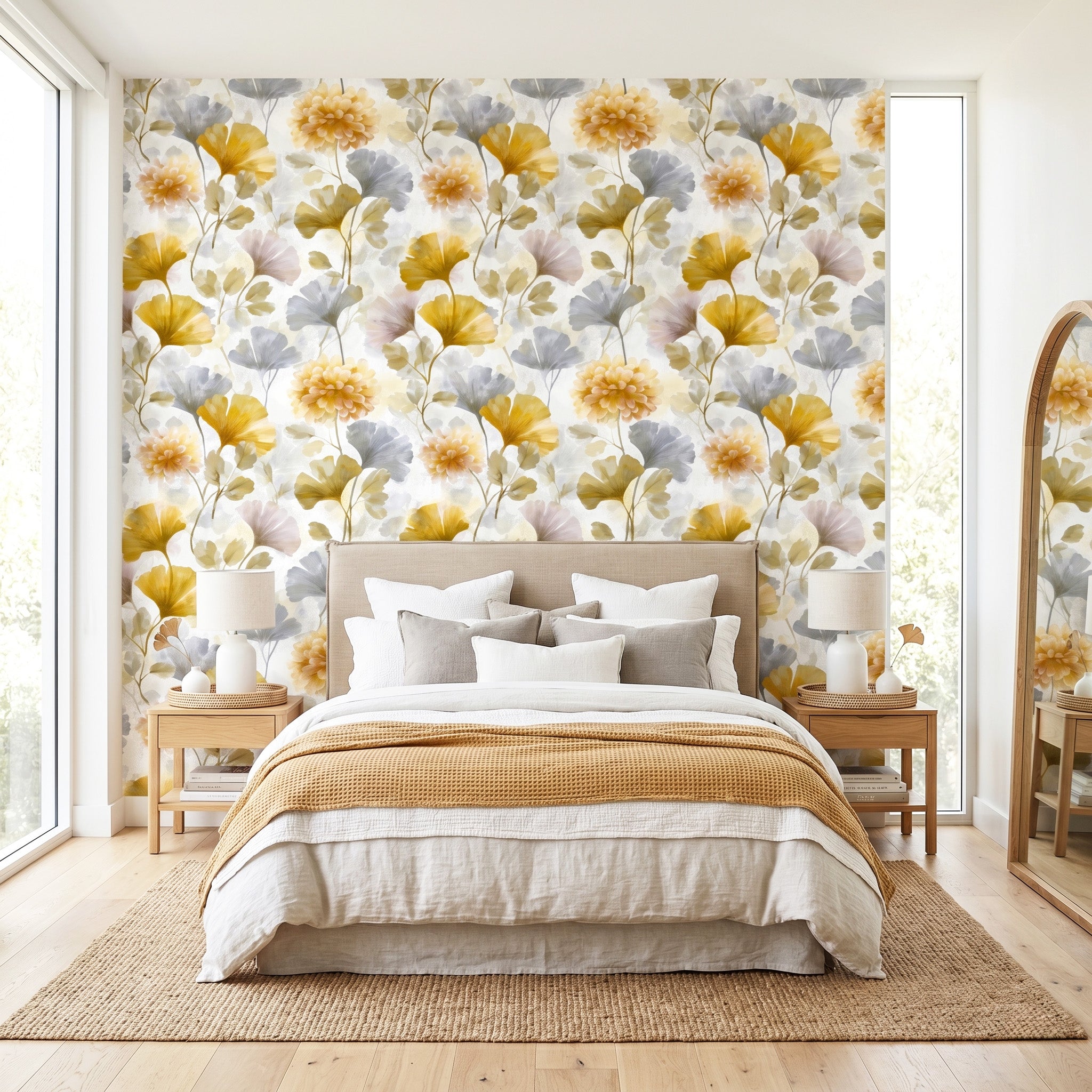 Watercolour Floral Wallpaper Gold Ginkgo Botanical Bedroom