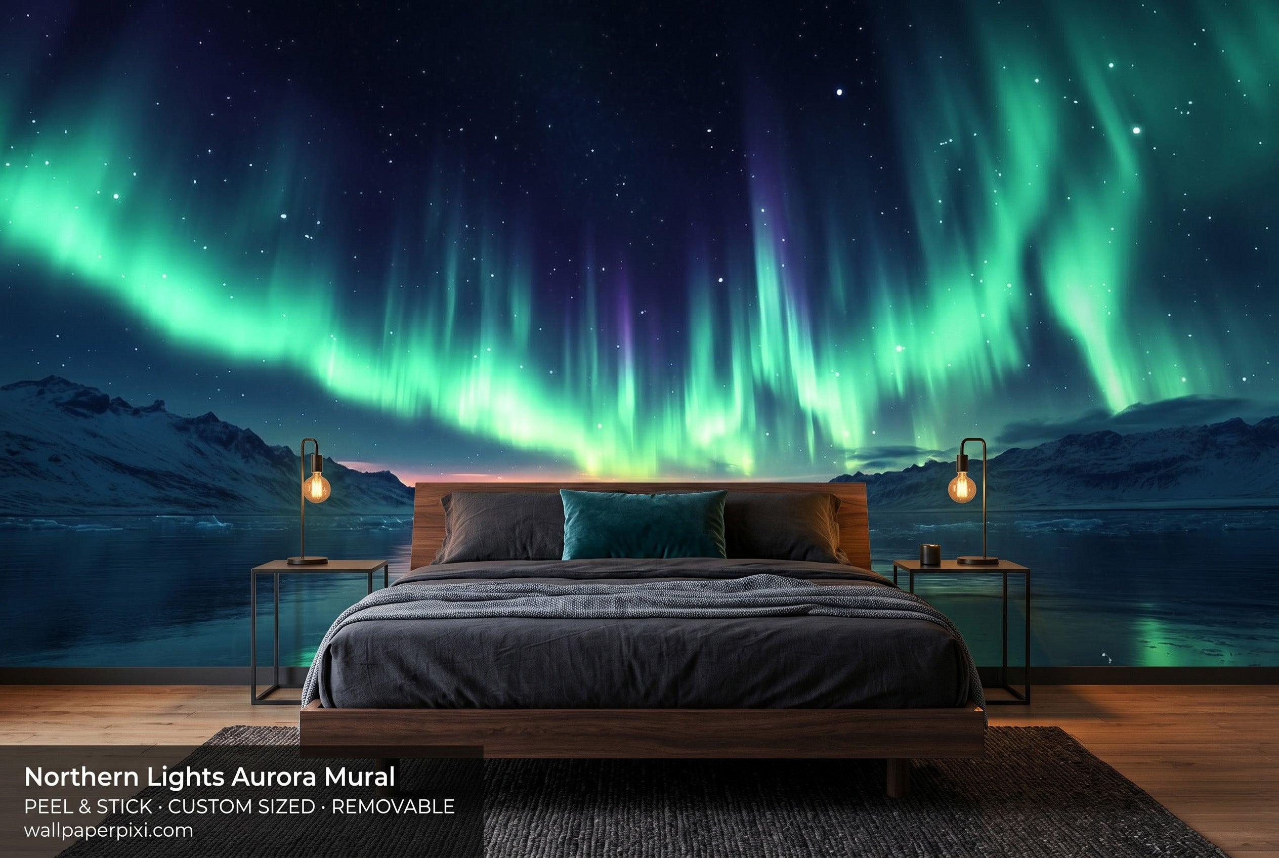 Northern lights aurora borealis wall mural in a bright modern bedroom behind a dark platform bed with charcoal bedding and warm amber lighting creating a cinematic effect