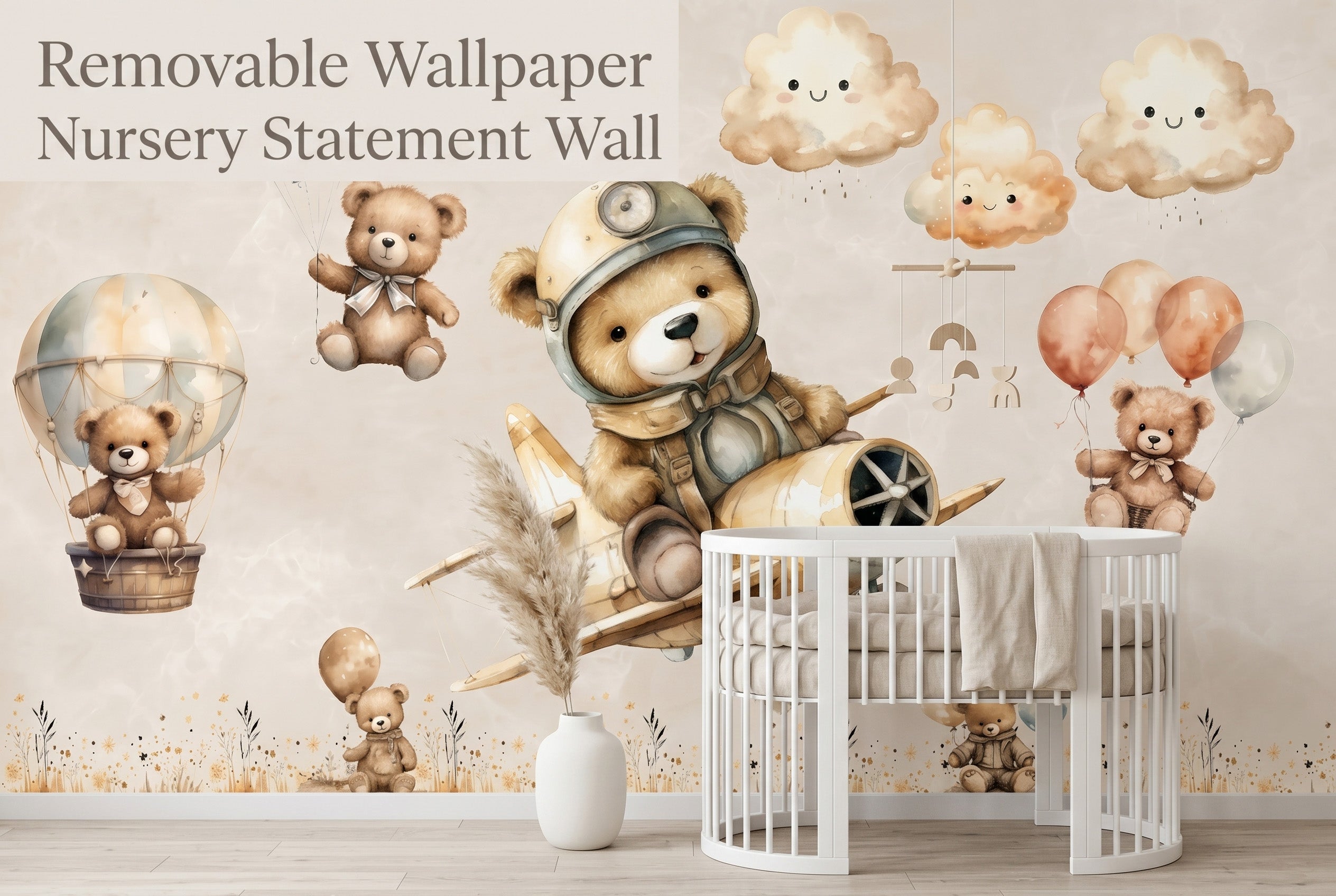 Soft neutral baby room with teddy bear hot air balloon wallpaper and a modern bassinet.