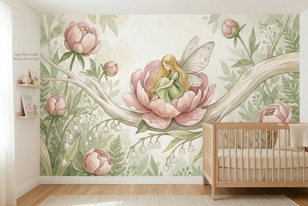 Flower Fairy Peony Wall Mural | Soft Watercolour Botanical Nursery Design
