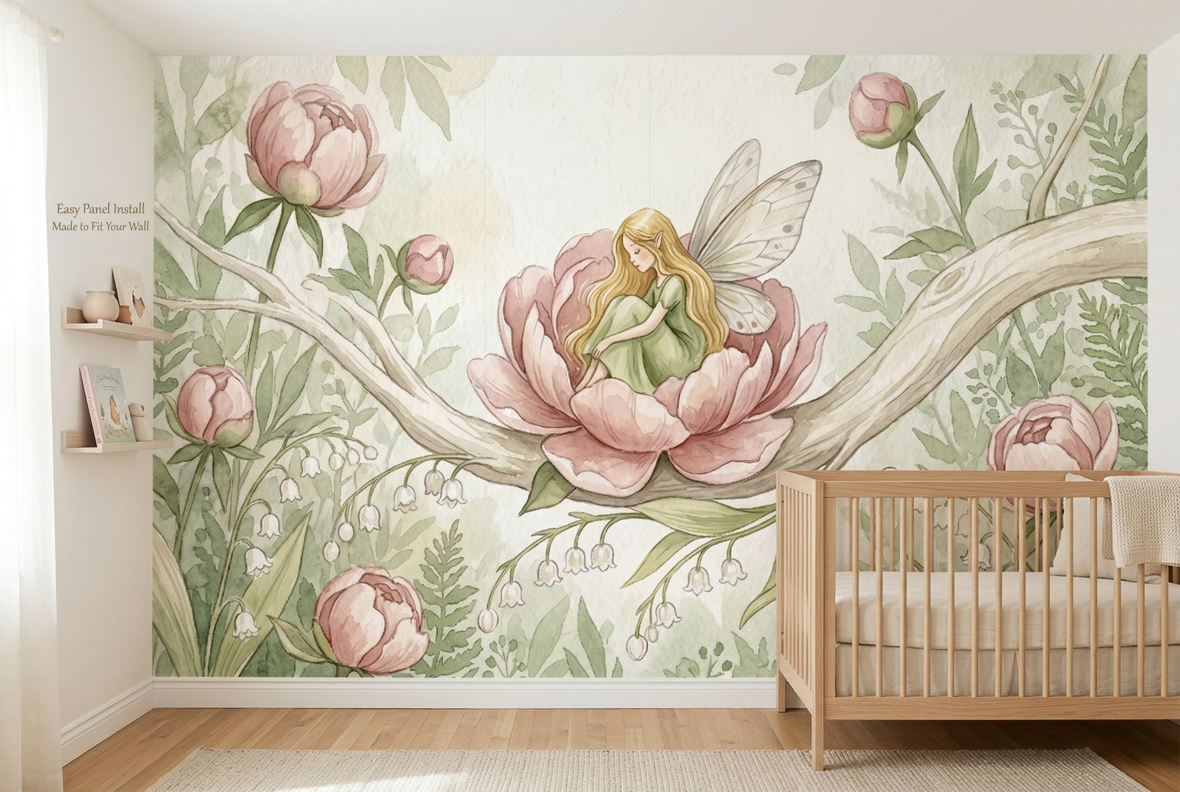 Flower Fairy Peony Wall Mural | Soft Watercolour Botanical Nursery Design