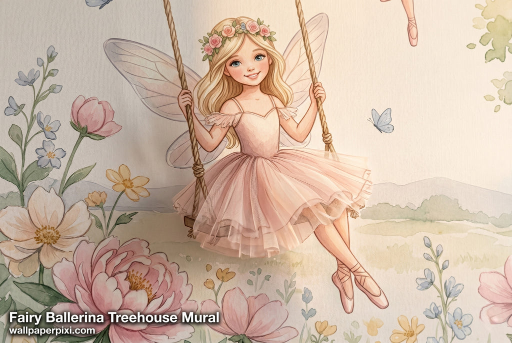 Close-up detail of fairy ballerina treehouse wallpaper mural showing a fairy ballerina on a swing among pink peonies with butterfly watercolour detail.