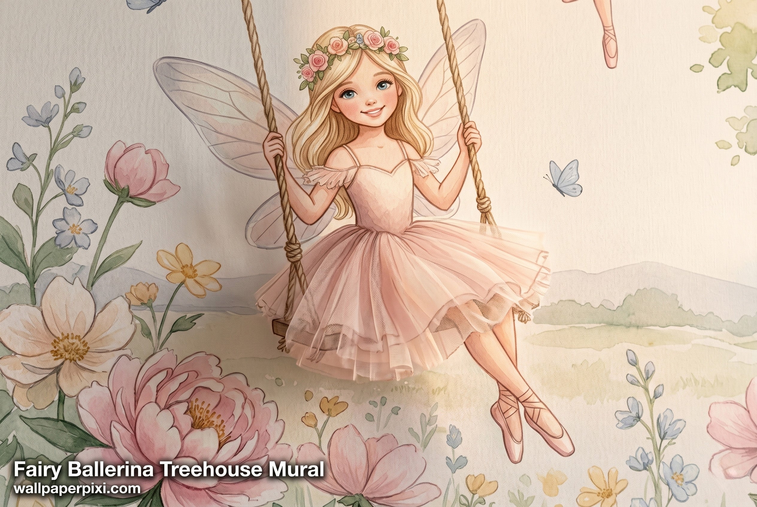 Close-up detail of fairy ballerina treehouse wallpaper mural showing a fairy ballerina on a swing among pink peonies with butterfly watercolour detail.
