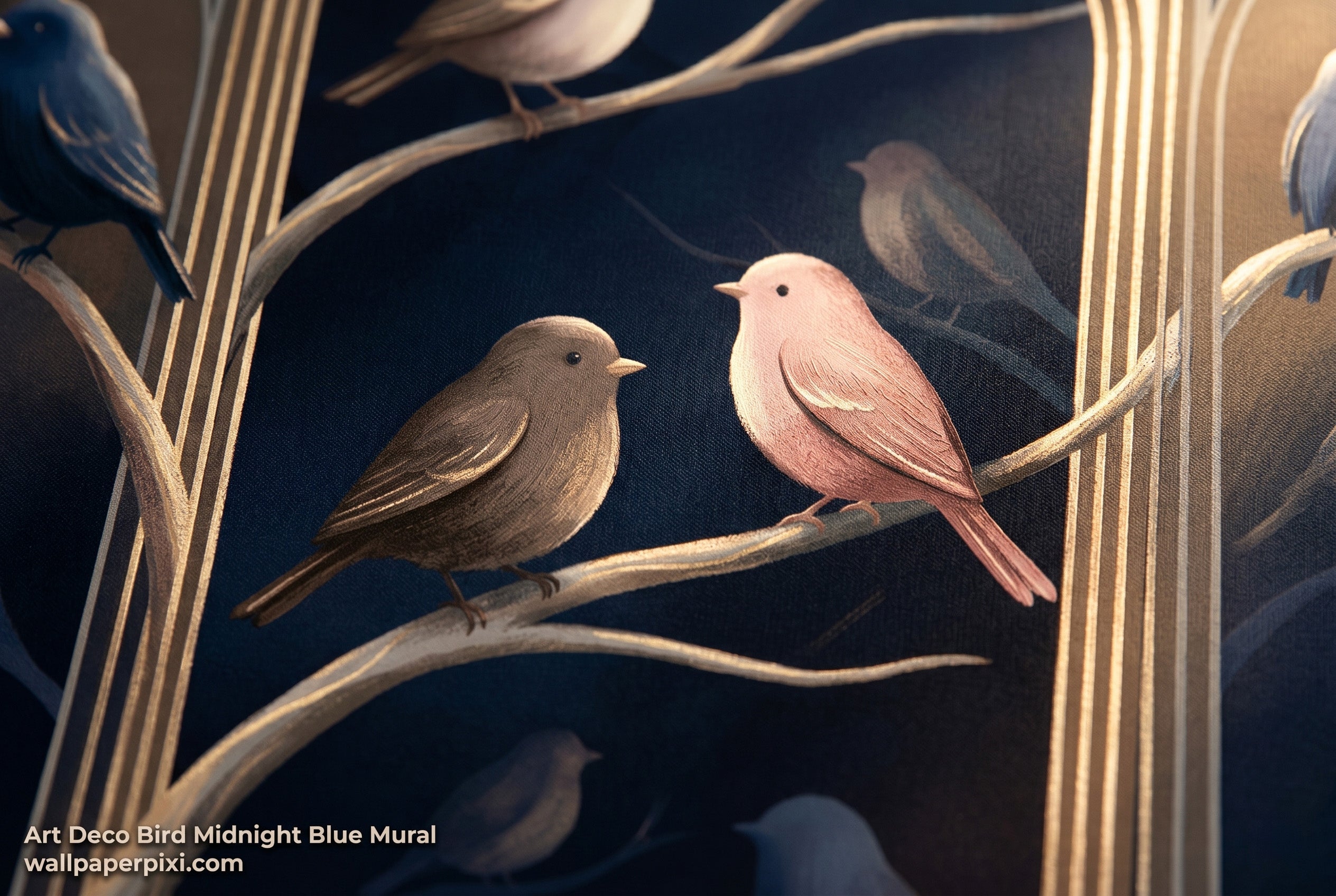 Close-up detail of art deco bird wallpaper mural showing gold arch framing blush pink birds on winter branches and layered midnight navy background