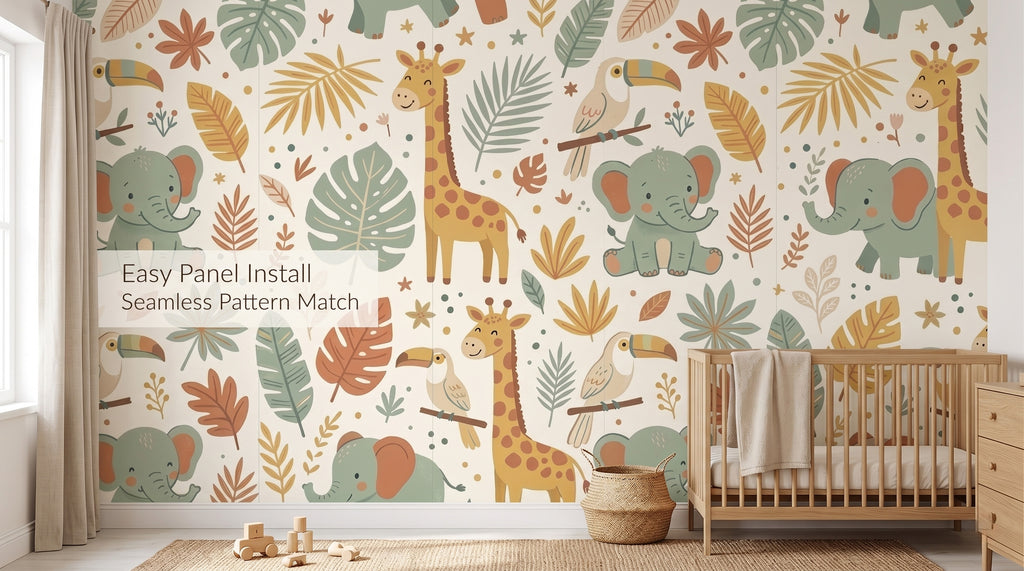 Boho Safari Animal Nursery Wallpaper | Cute Elephant & Giraffe Pattern