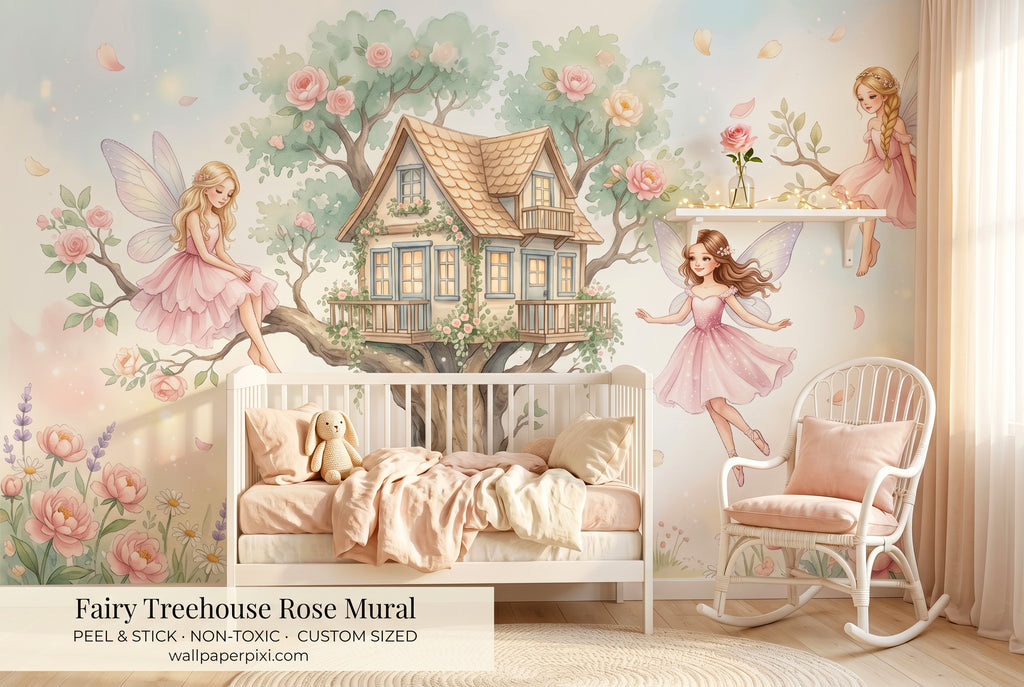 Pink fairy treehouse peel and stick wall mural in girls nursery with watercolor roses
