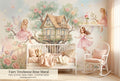 Pink fairy treehouse peel and stick wall mural in girls nursery with watercolor roses